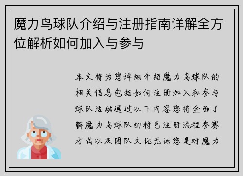 魔力鸟球队介绍与注册指南详解全方位解析如何加入与参与