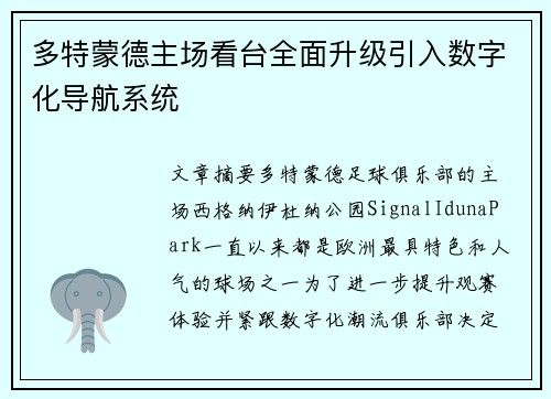 多特蒙德主场看台全面升级引入数字化导航系统